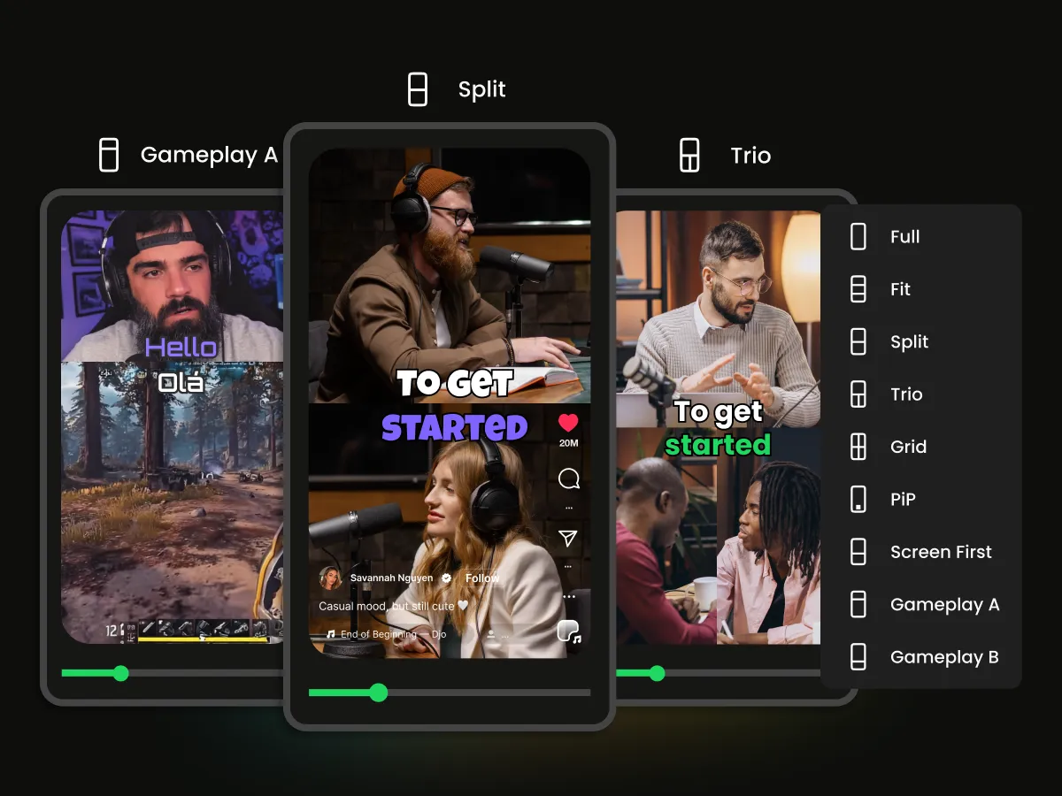 WayinVideo video layout editor showing multiple modes for customizing how videos appear in YouTube format