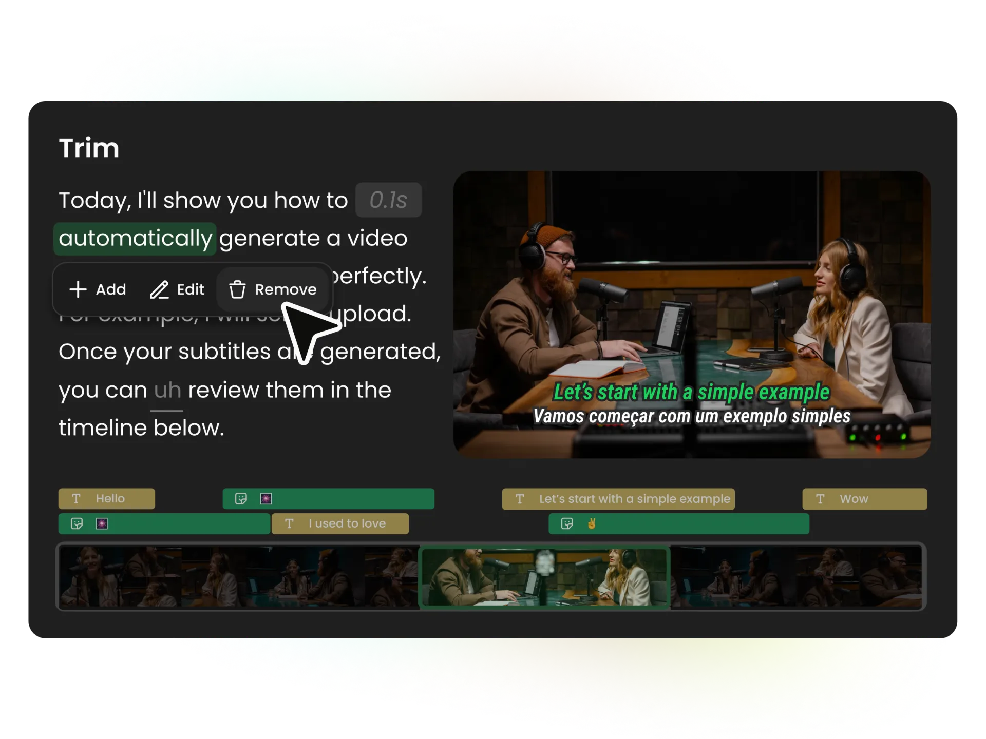Interfaz del creador de clips con IA mostrando generación automática de clips desde vídeo largo