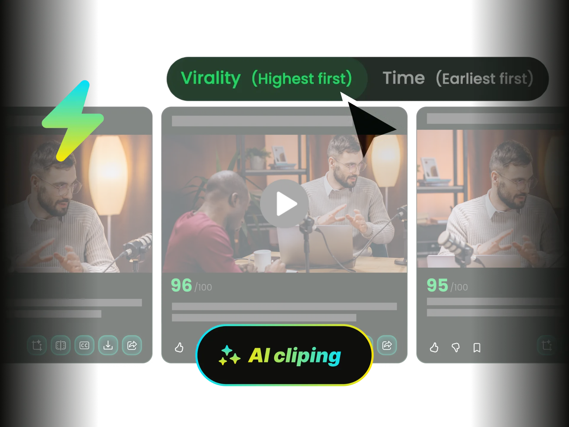 Panel del generador de clips con IA mostrando clasificación de potencial viral