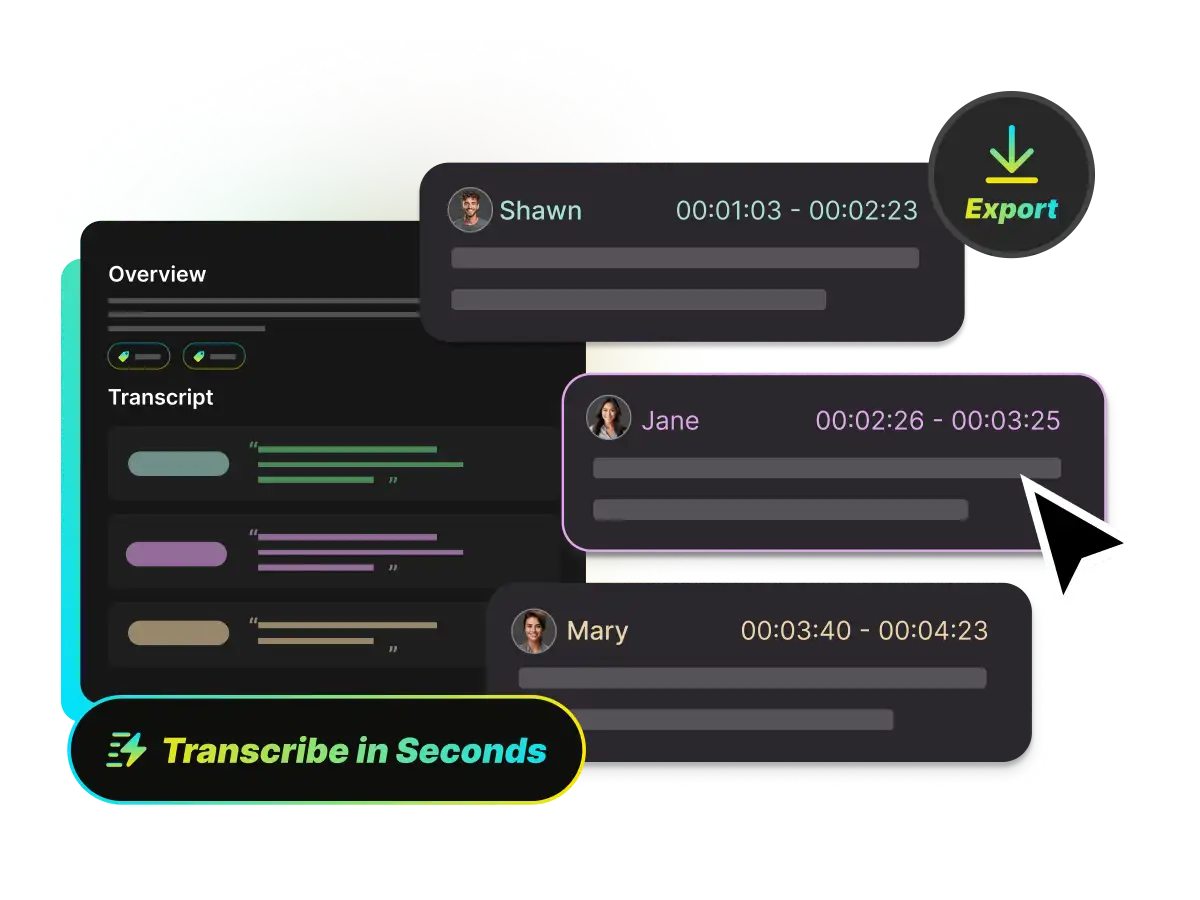 Interface visual mostrando uma transcrição do TikTok sendo exportada para formatos como SRT, VTT, TXT e PDF.