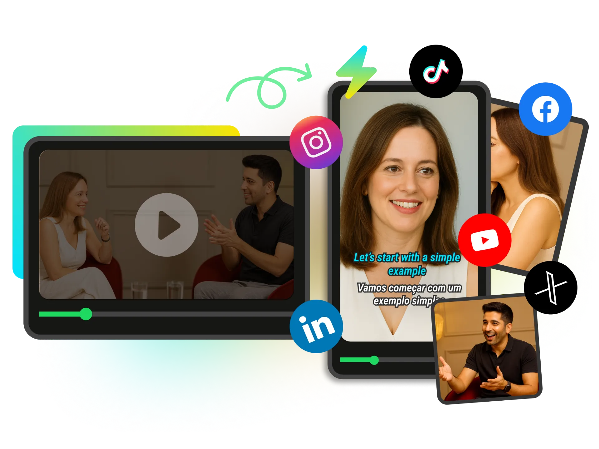 Multi-platform export interface showing YouTube Shorts ready for YouTube, TikTok, and Instagram Reels