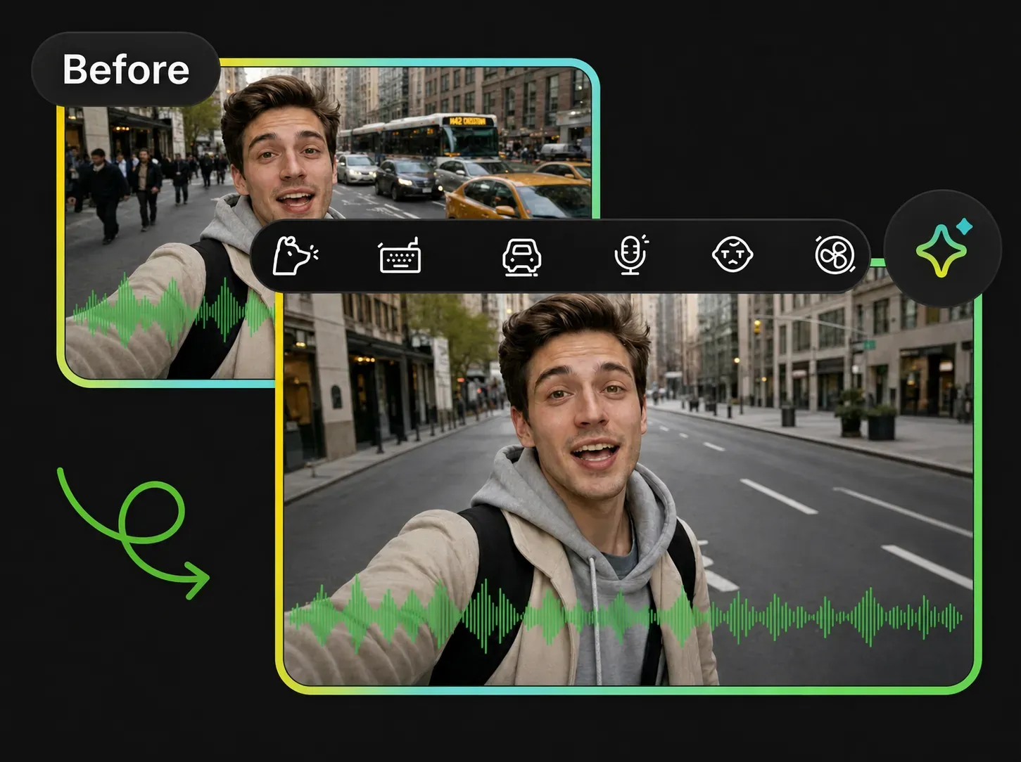 AI video noise remover applying custom environment cleanup filters.