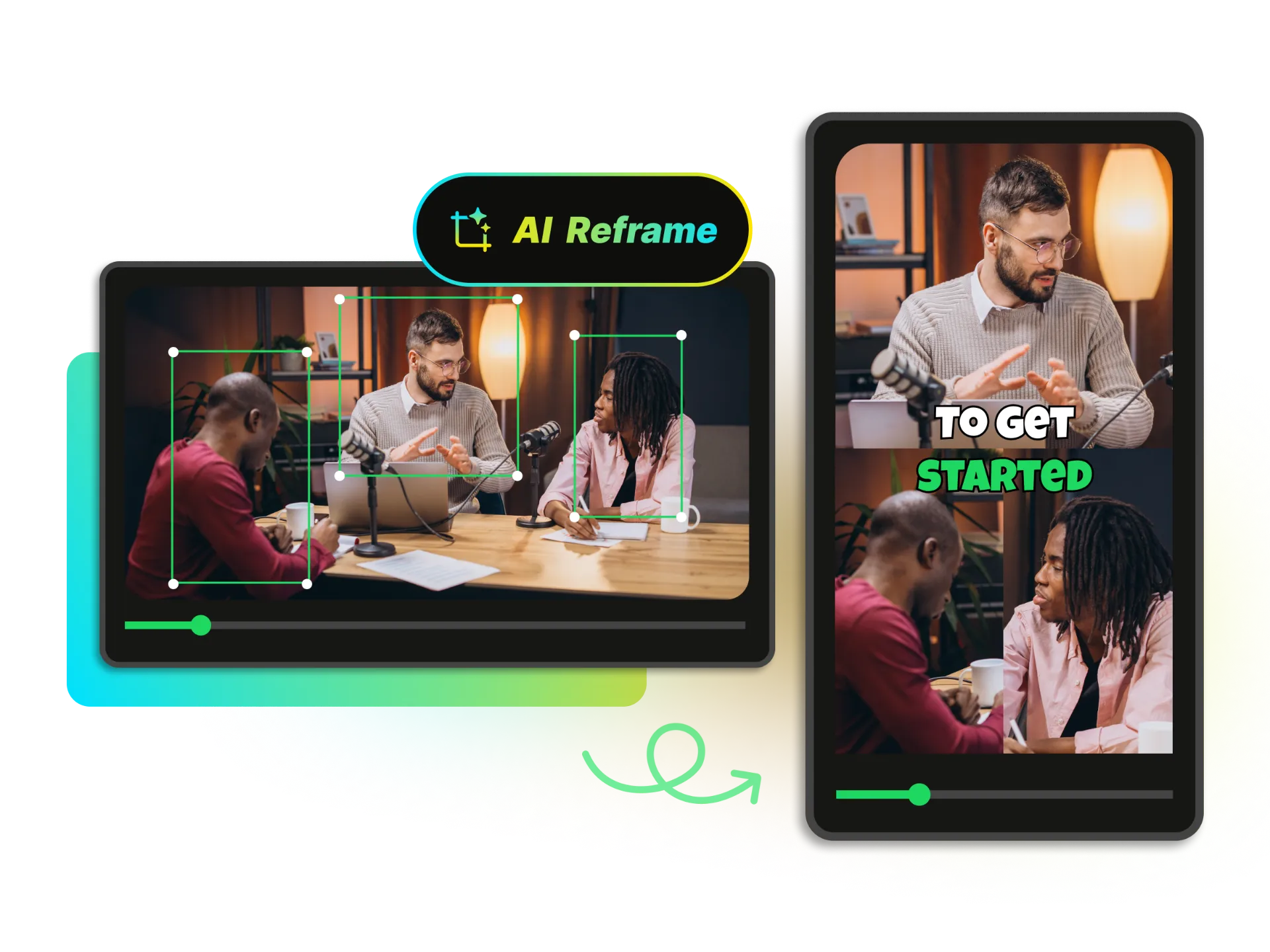 AI reframing technology keeping a person perfectly centered as they move through different video frames, showcasing intelligent subject detection.