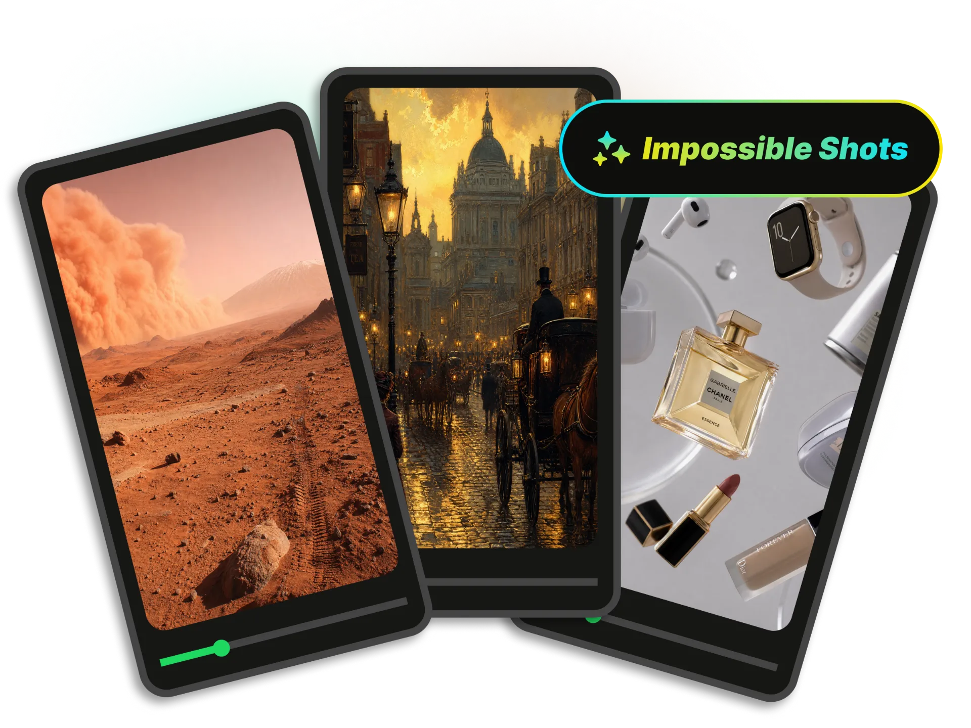 Examples of impossible-to-film AI-generated B-roll like Mars surface and zero gravity scenes
