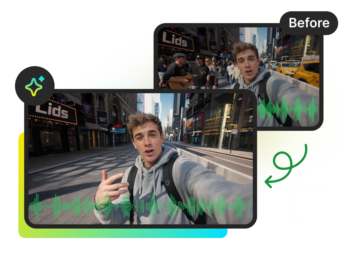 Travel vlogger recording outdoors with noise being removed by speech enhancement