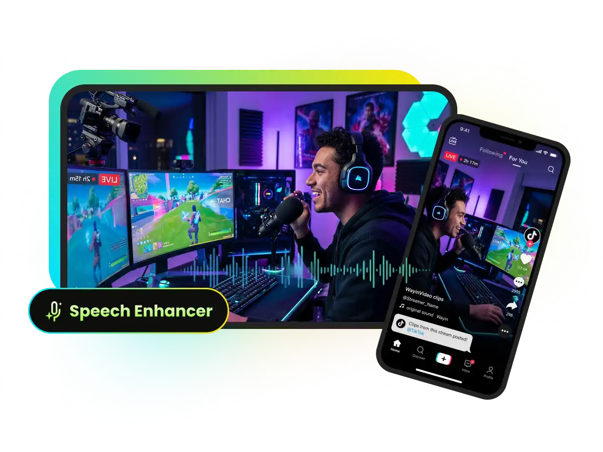 Gamer recording gameplay commentary with AI removing noise for clearer voice
