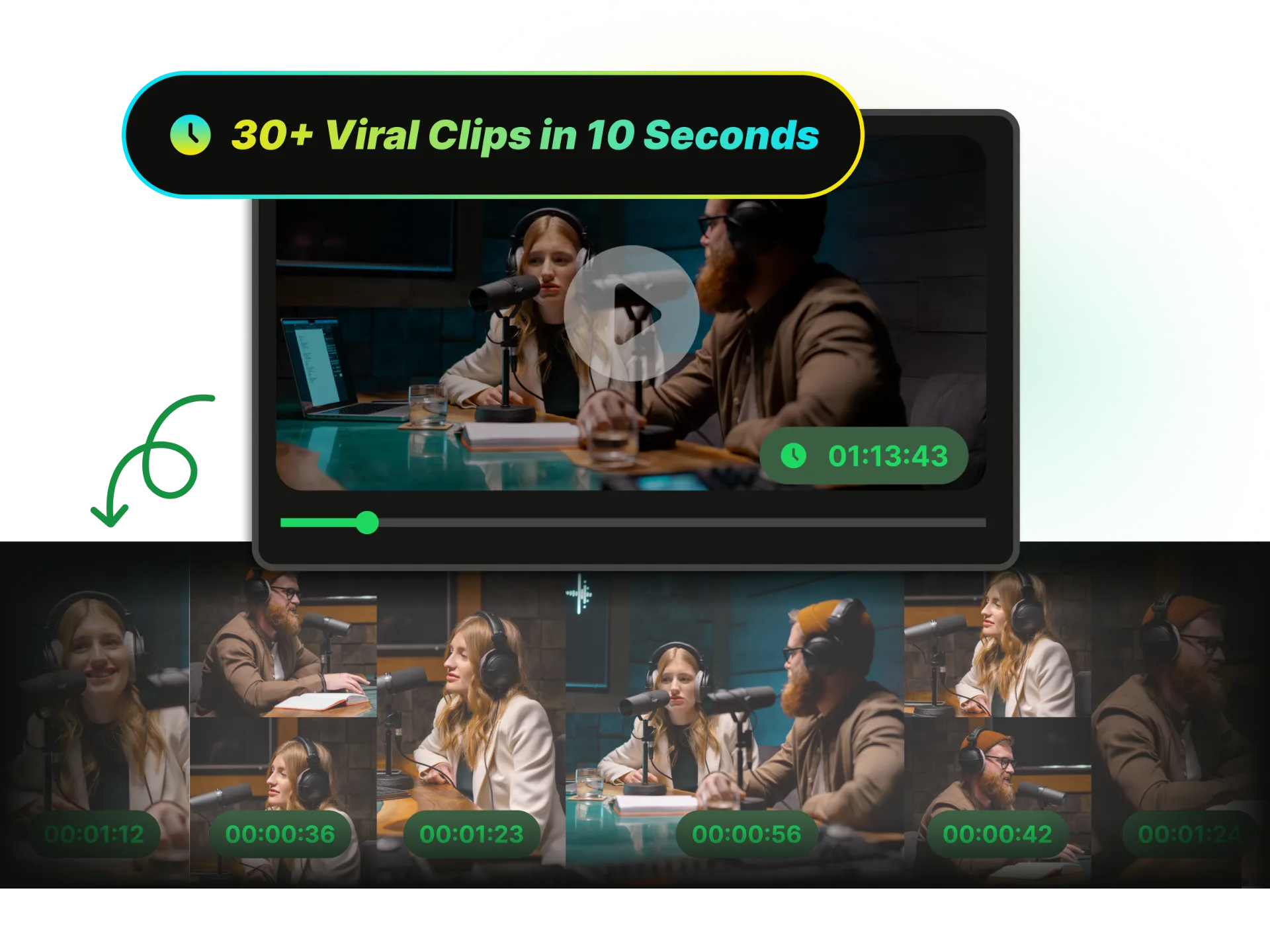 WayinVideo interface showing AI-powered YouTube Shorts maker generating multiple viral clips with AI-powered virality ranking