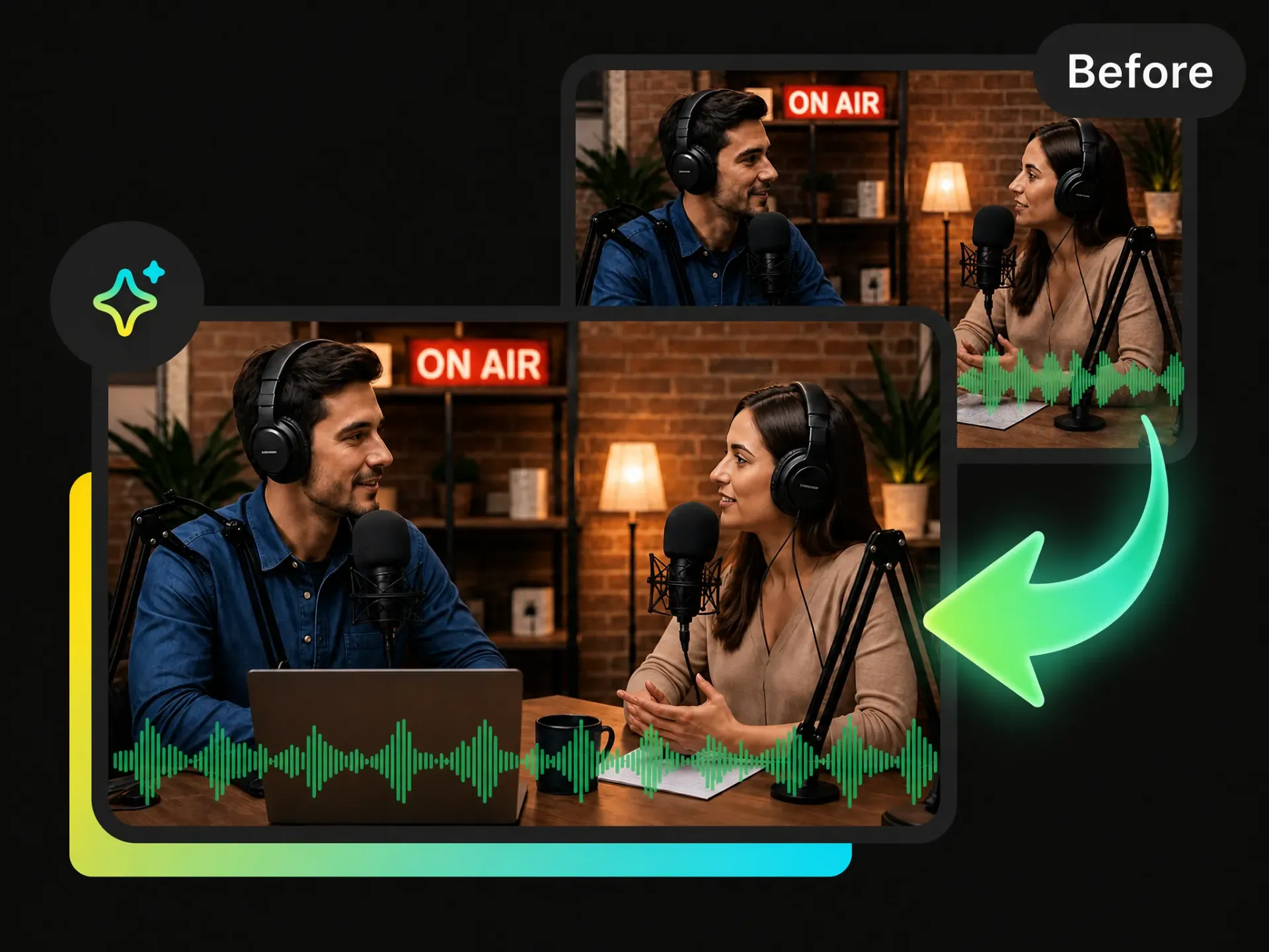AI noise remover cleaning background hiss from video streaming.