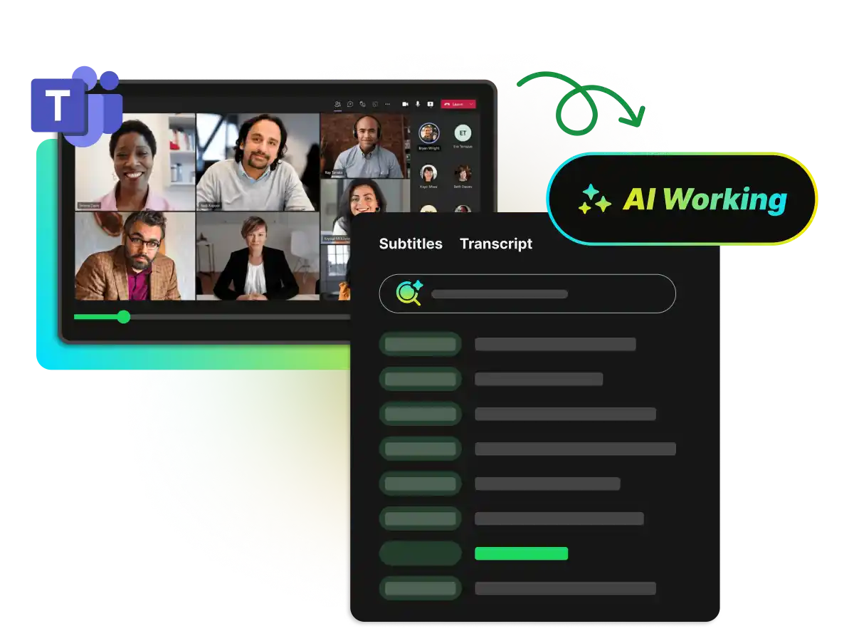 Gráfico de uma interface Microsoft Teams processada por IA para produzir uma transcrição de texto.