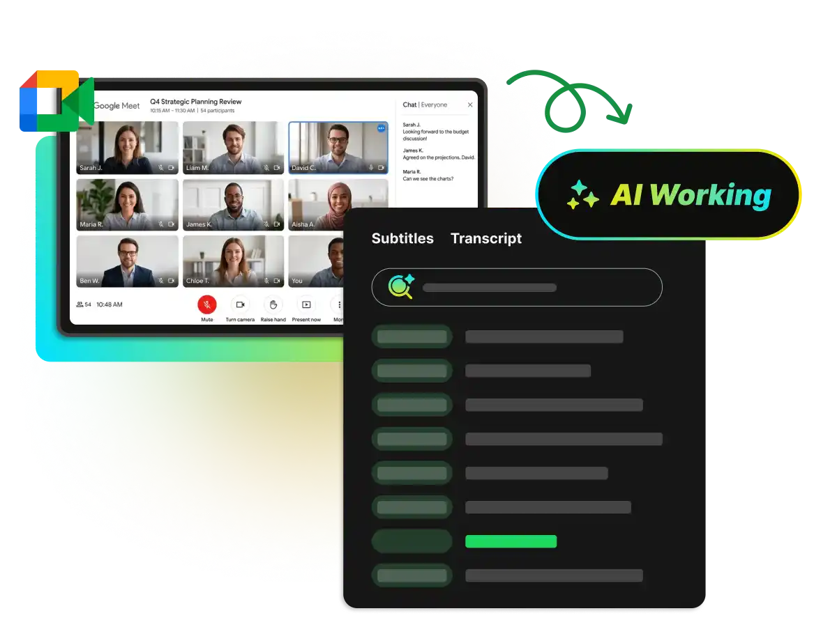 Gráfico de uma interface Google Meet processada por IA para produzir uma transcrição de texto.